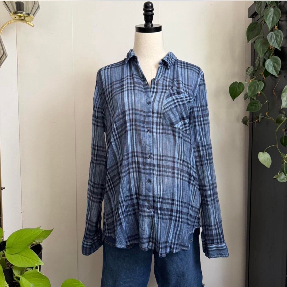 Lucky Brand Indigo Blue Plaid Cotton Thin Weave Button Up Shirt Large NWT